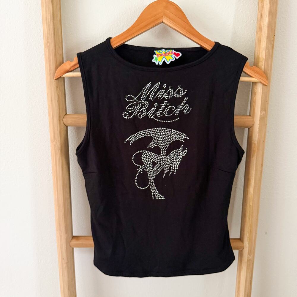 NWT OMIGHTY Miss Rhinestone Graphic Tank Top Black Stretch Size XL